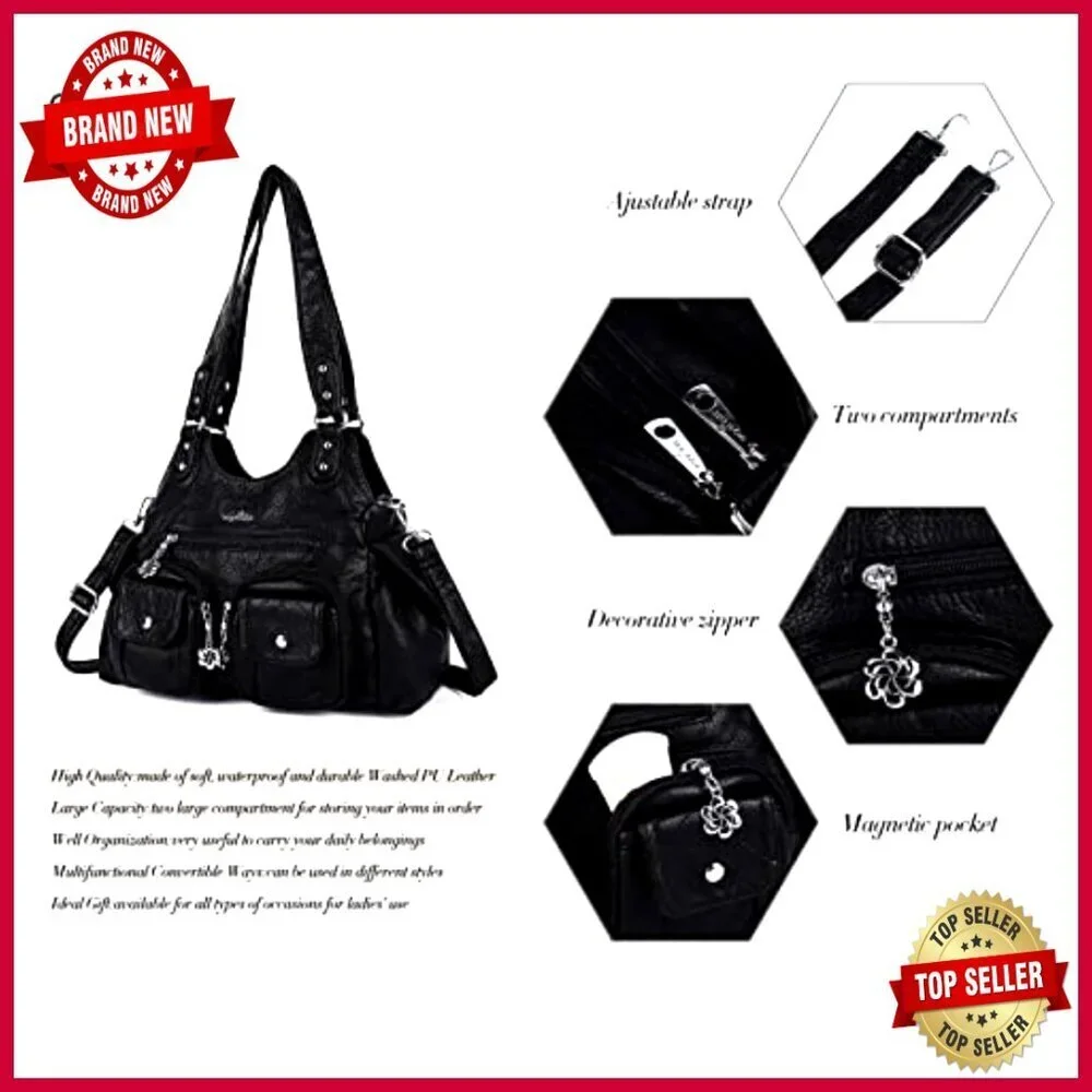 Soft PU Leather Hobo Shoulder Bag with Adjustable Strap, 3 Pockets
